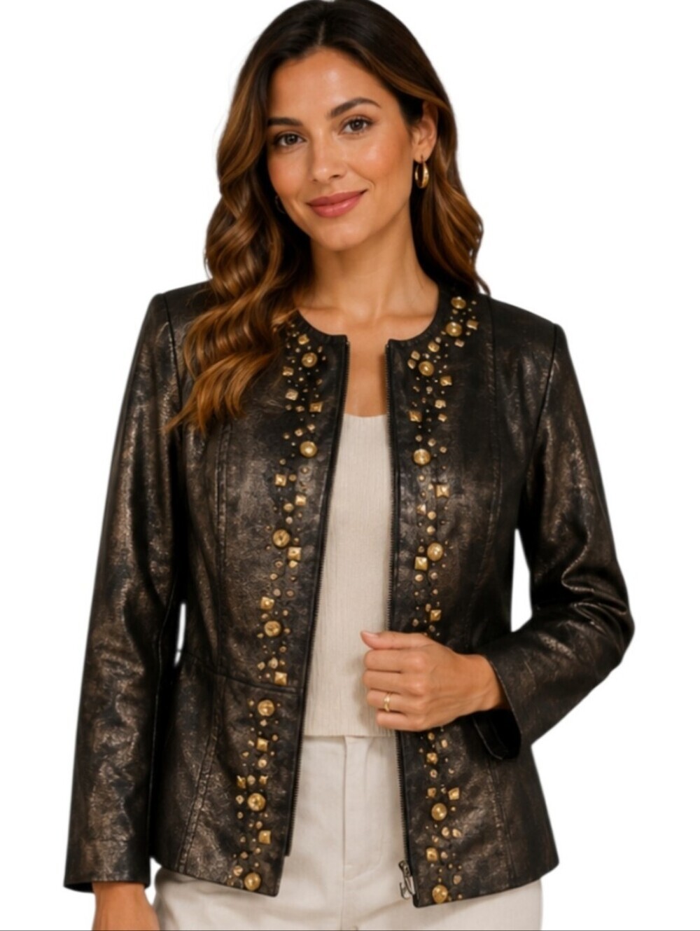 CHOICES PETITE Studded Faux Leather Blazer Jacket.Brown/metallic Gold.PS